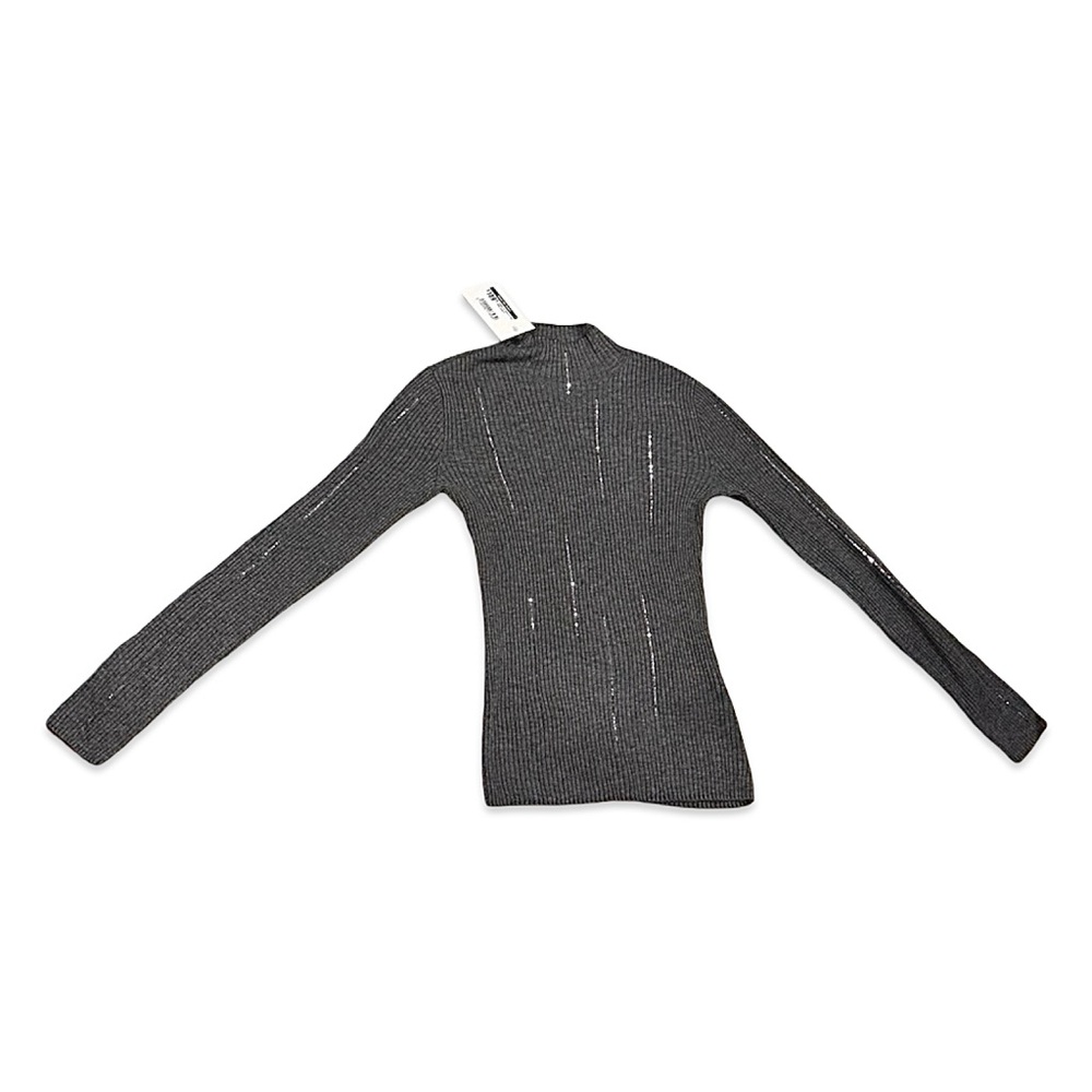 JESSIE LIU soft Ribbed gray mock-neck long sleeve with silver embellishments